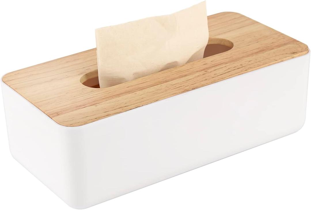 Pojah Wooden Rectangular Tissue Box Holder for Storage on Bathroom Vanity, Countertop, Bedroom Dresser (Medium, 10.2x5.1x3.3 inch) (White)