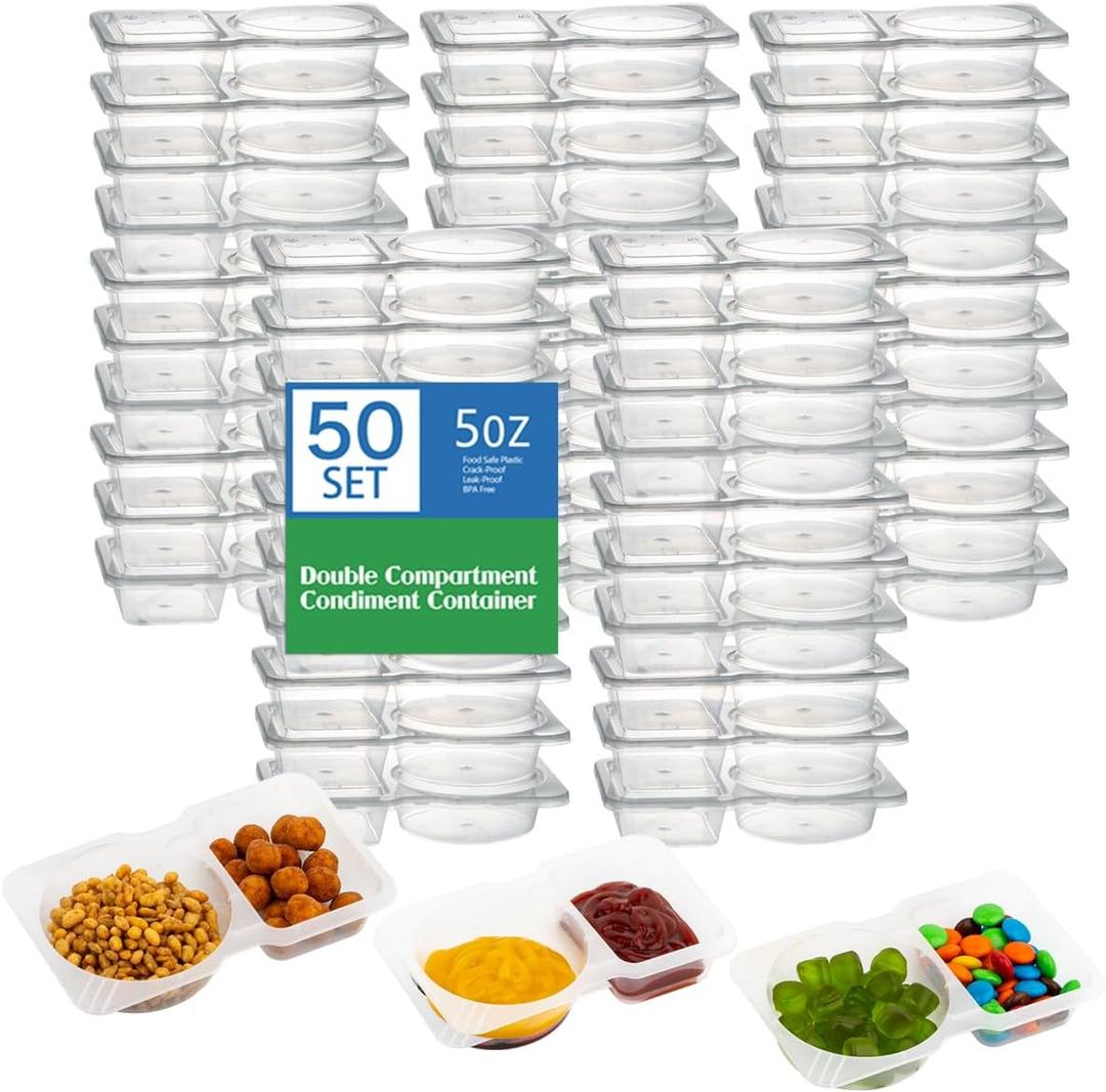 50 Pack Double Compartment Condiment Container with Lid, 5oz Disposable Small Snack Container 2 Compartment for Meal Prep, Salad Dressing, Dipping Sauce, Travel Snacks