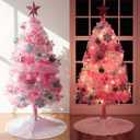 Lunmon 44 Pcs 4 ft Half Christmas Tree for Wall Corner Christmas Tree with Xmas Ball Light String Icicle Flowers Snowflake Ribbon Top Star for Holiday Indoor Party Decoration (Pink)