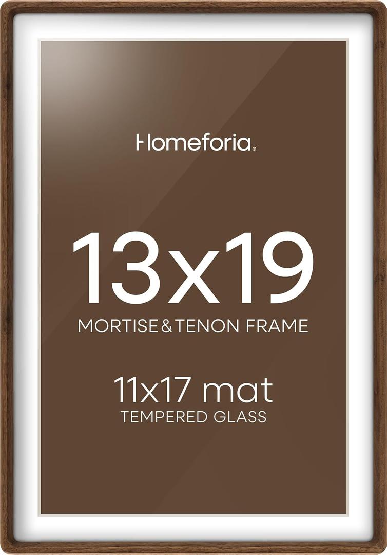 Homeforia 13 by 19 Picture Frame Brown Wood, Mortise & Tenon Walnut 13x19 Poster Frames with Mat 11x17 for Wall, 19x13 Dark Wooden Frames Matted to 11 x 17 inch Art, Tempered Glass, Wall Kit, Set of 1