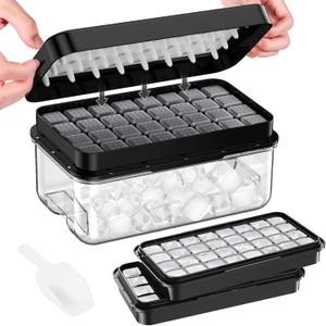 Ice Cube Tray with Lid and Bin, PHINOX 64 pcs Ice Trays for Freezer, Ice Cube Trays for Freezer with 2 trays, Container, Lid & Ice Scoop, BPA Free, Black