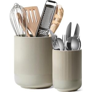 LE TAUCI Utensil Holder for Kitchen Counter, 7.3"+5.4" Fluted Ceramic Utensil Crock Organizer for Countertop, Heavy Large Holder for Spatulas, Spoons, Set of 2, Oatmeal Greige