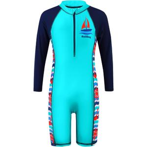 TFJH E Boys Long Sleeve Swimsuits Rash Guard Swimwear 50+ UV Zip One-Piece, 152/158, Blue Ship  