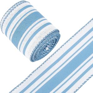 GORGECRAFT 12 Yards Blue White Stripe Ribbon Wired Ribbon 2-1/2 inch Blue Burlap Ribbon Ivory Stripe Edge Blue Wired Christmas Ribbon for Wreath Garland Bow Making DIY Crafting Rustic Party Decor