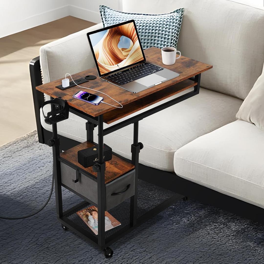 GCCSJ C Desk on Wheels, Height Adjustable Overbed Desk with Charging Station, Couch with Cup Holder, Hook, Drawers, C Shaped End Table for Couch, Over Bed, Living Room
