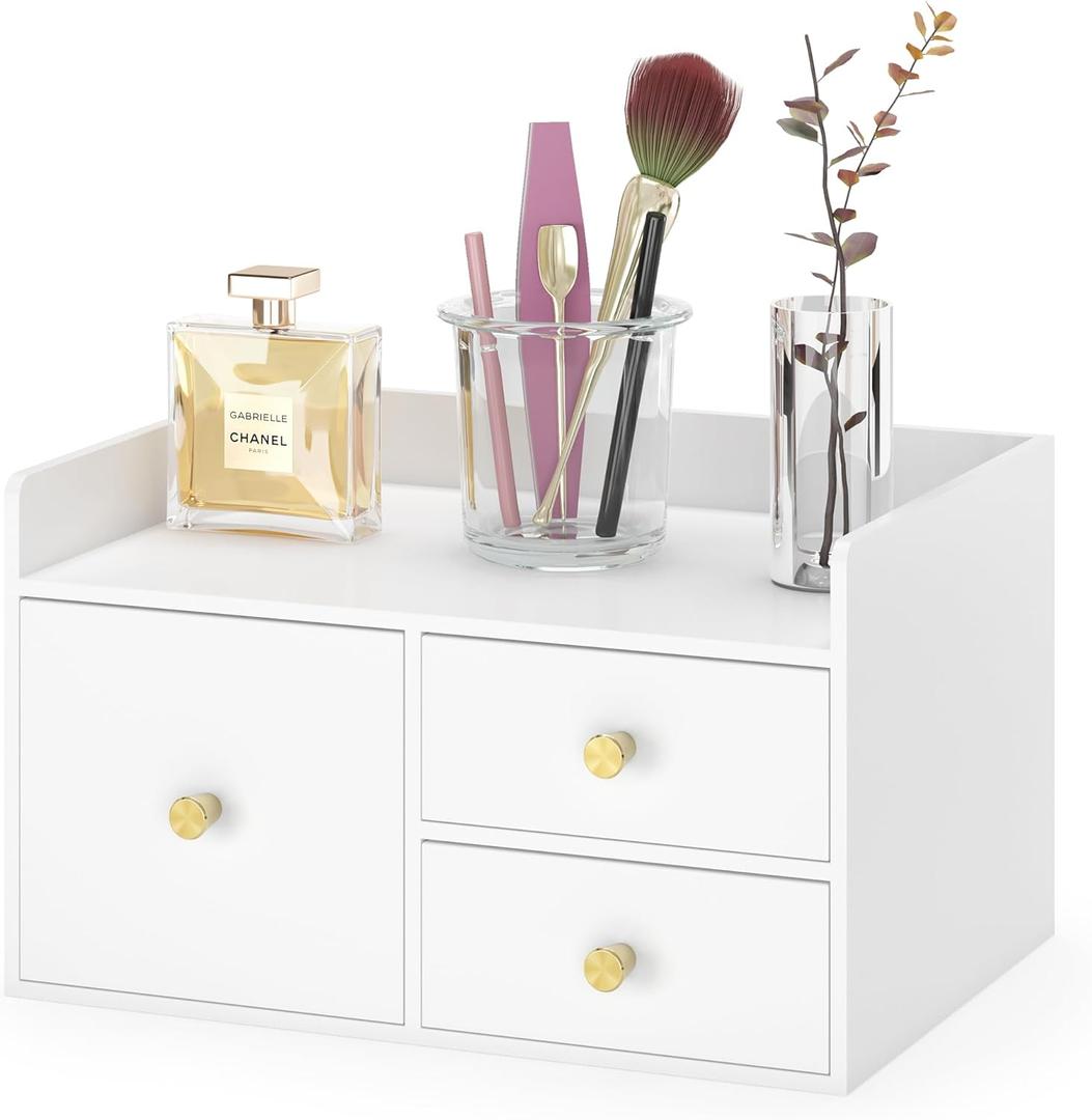 Bamboo Desk Organizer with Drawers Wooden Desktop Storage Drawers for Bills Office Supplies Kitchen Utensils Organizing Tool for Home Classroom Organization No Assembly (White, 3 Drawer)