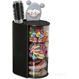 Azurphoric Hair Accessories Organizer with Hair Brush Holder, Rotatable Makeup Brush Holder for Necklaces, Earring, Bracelet, Ring, Makeup Brushes, Hair Clip and Hair Accessories (Black, 3-Layer)