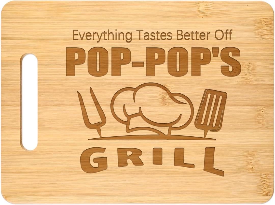 Homlouue Fathers Day Pop Pop Gifts, Pop-pop's Grill Engraved Bamboo Cutting Board with Handle, Pop Pop Gifts from Grandkids, Grandfather Granpa Gift for Father's Day Christmas Birthday-11"x8"