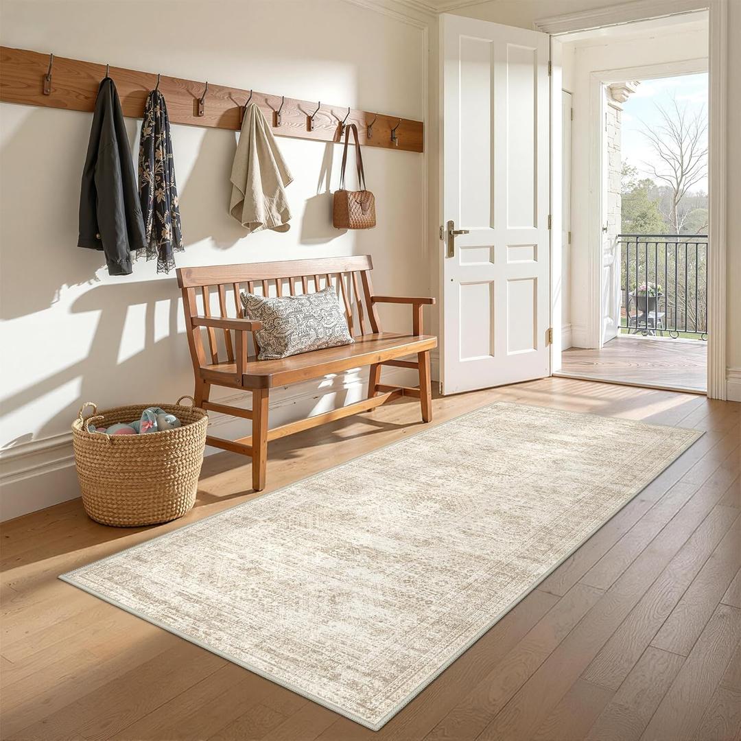 3x6 Runner Rug Non Slip, Thin Entryway Washable Rug for Entryway, Runners for Hallways, Low Pile Vintage Abstract Soft Rugs for Living Room, Kitchen, Bedroom(3'x6', Beige/Ivory')