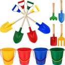 Jexine 12 Pcs Sand Buckets and Shovels for Kids Beach Sand Toys Bulk 12 Plastic Beach Buckets and 12 22 Inches Gardening Shovel with Wooden Handle Summer Toys for Boys and Girls, 4 Colors