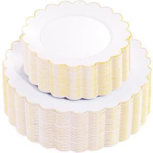 Supernal 100pcs White and Gold Plastic Plates Scalloped Plastic Plate - Plastic Plates for Party,Pretty Dinner Plate Perfect for Valentine's Day Wedding and Birthday