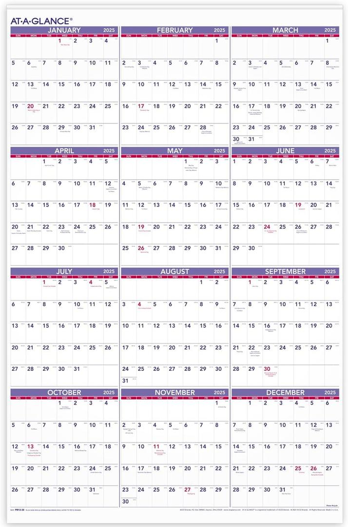 AT-A-GLANCE 2025 Wall Calendar, Monthly, 24" x 36", Extra Large, Paper (PM122825)