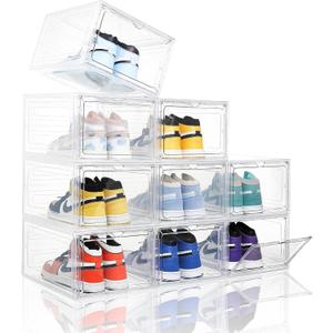 Attelite Upgraded Shoe Storage Box 9 Pack Shoe Box Clear Plastic Stackable X-Large Drop Front Shoe Box with Clear Magnetic Door,Shoe Organizer and Shoe Containers For Sneaker Display