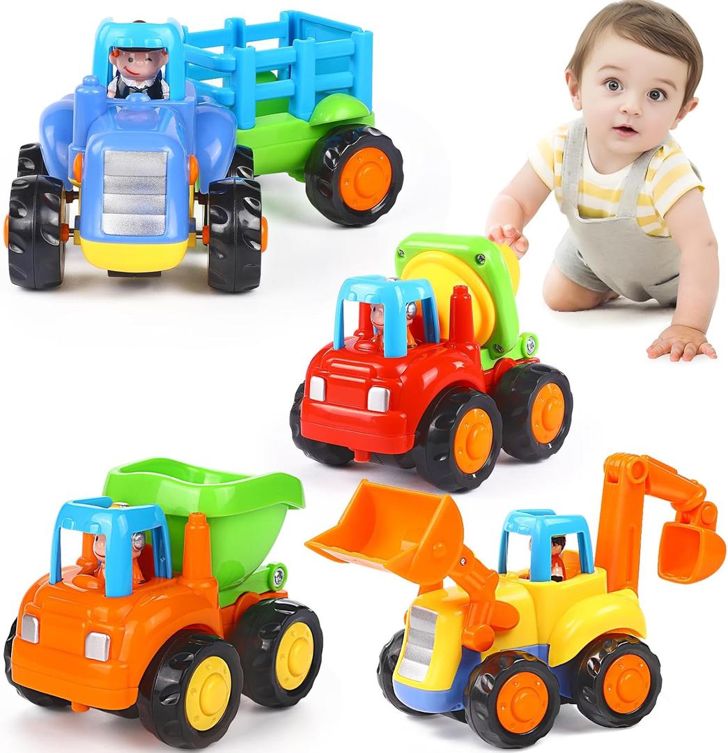 ORWINE Inertia Toy Early Educational Toddler Baby Toy Friction Powered Cars Push and Go Cars Tractor Bulldozer Dumper Cement Mixer Engineering Vehicles Toys for Children Boys Girls Kids Gift 4PCS
