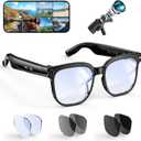 Hwagol Smart Glasses with Camera, 8MP HD Photo and Video Recording,AI Camera Glasses with Real-Time Translation/Object Recognition/AI Voice Q&A/Recording, Calls and Music,Comes with 3 Pairs of Lenses