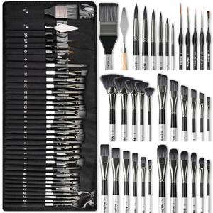 Nicpro 36pcs Paint Brush Set, Professional Paintbrushes with Palette Knife and Cloth Roll, Suitable for Artists and Beginners for Acrylic Painting, Oil, Watercolor, Gouache (Silver)