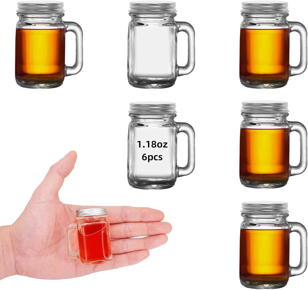 6 Pcs Mini Mason Jar with Handles,1.7oz/50ml,Premium Shot Glasses with Leakproof Lids for Drink,Dessert,Condiments,Jams,Candle,Craft (6)
