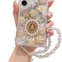 iFiLOVE for Samsung Galaxy S25 Plus/S24 Plus Bling Diamond Case with Flower Strap, Luxury Sparkle Glitter Crystal Rhinestone Pearl Love Rose Wristband Bracelet Case Cover for Girls Women (White)