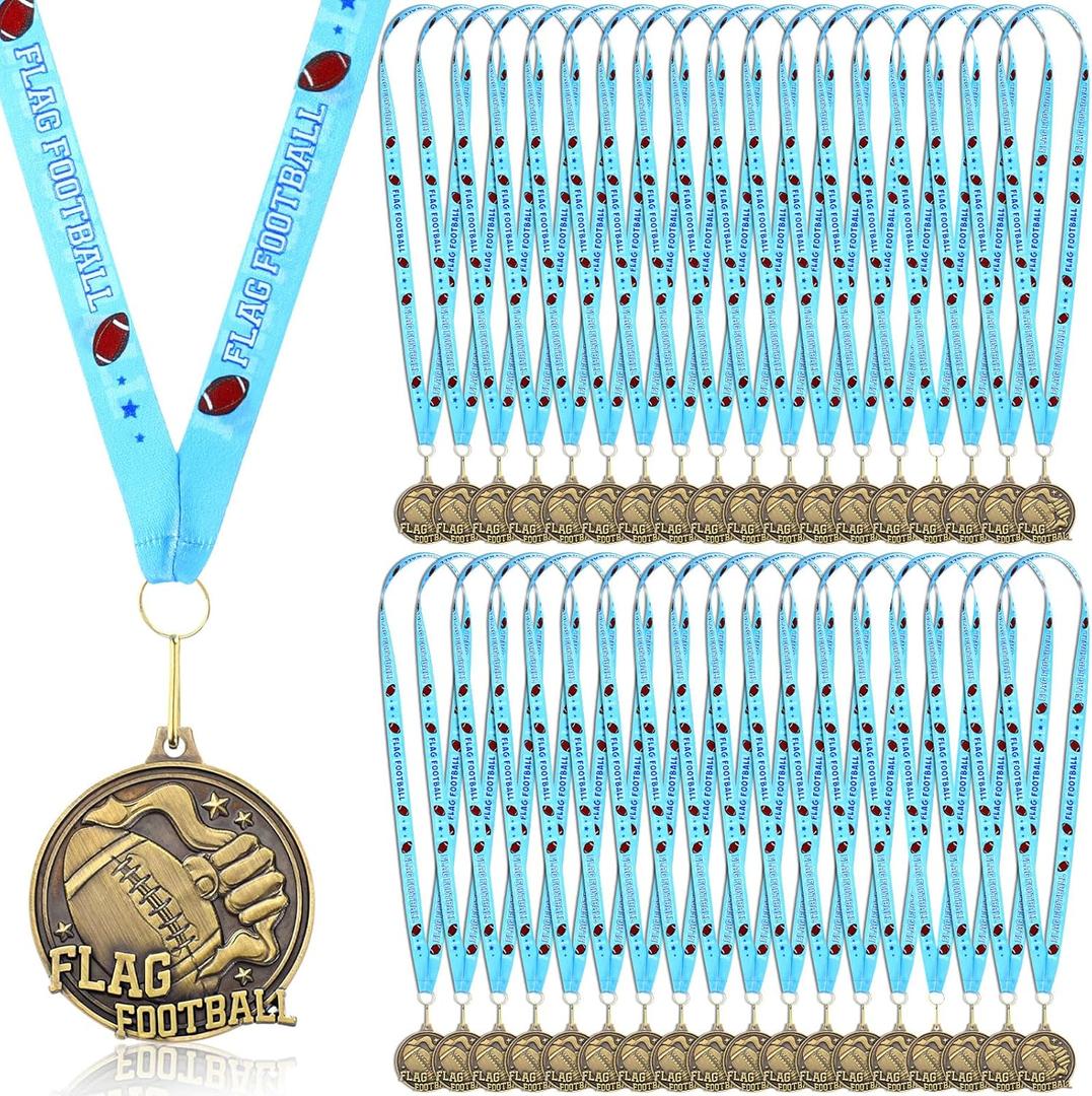 Award Medals 2'' Funny Awards Trophy with Neck Goat Madness March Basketball Football Swimming Ribbon Winner Prizes Bulk Gifts for Team Competitions Gift Party Favor, 36 Pcs, (Flag Football)