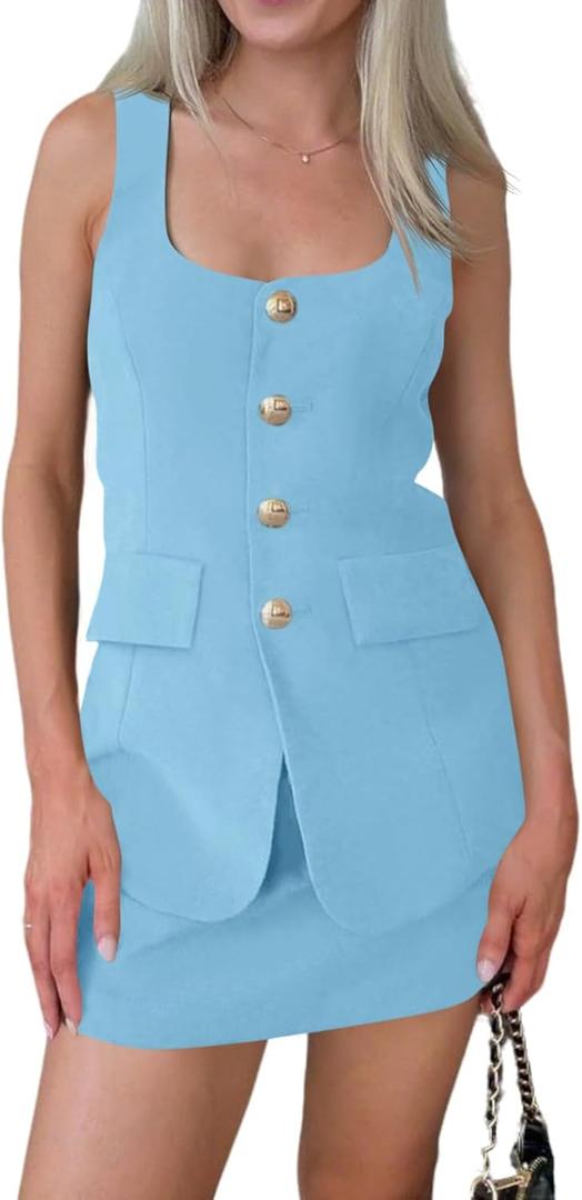 Cicy Bell Womens Summer 2 Piece Outfits Sleeveless Scoop Neck Fitted Blazer Vest Matching Set Mini Skirt Short Suit Work Sets (Small, Sky Blue)