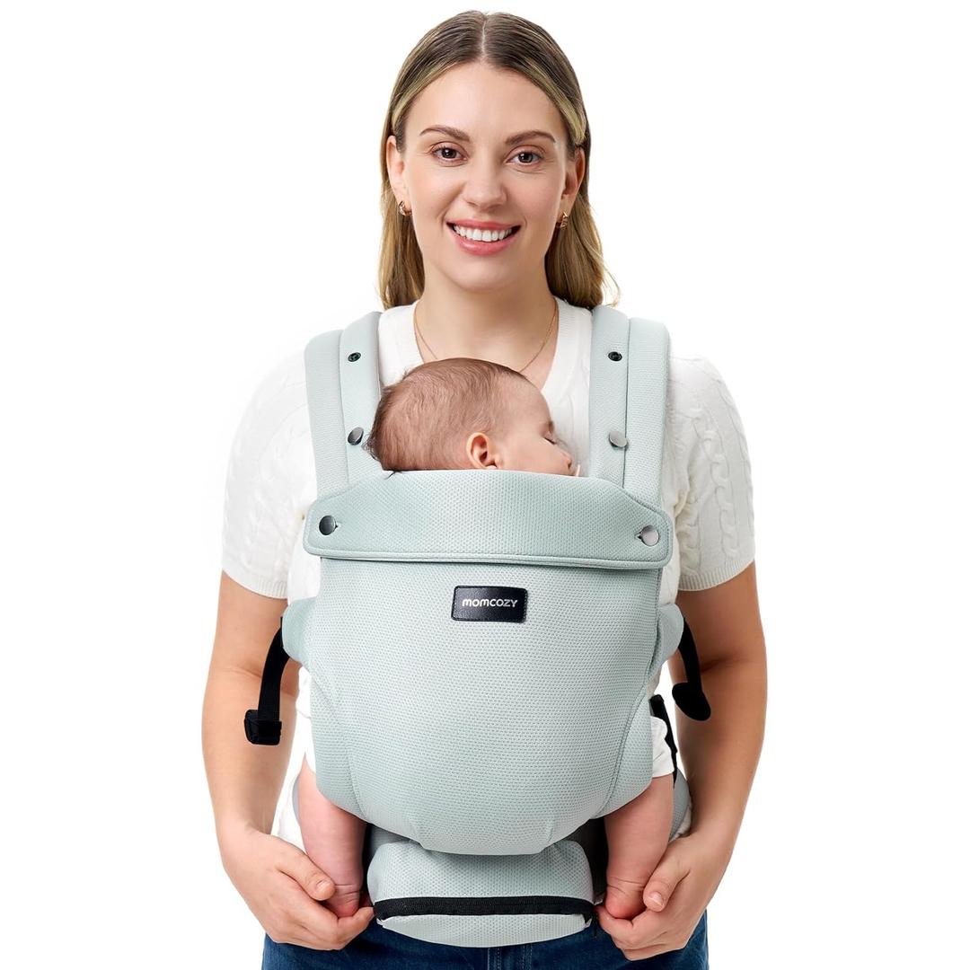 Momcozy Portabebs para recin nacido, ergonmico, acogedor y ligero para 7-24 libras, soporte ajustable para cuello con protector solar, malla de aire transpirable perfecta para salidas de verano, (Plateado gris)