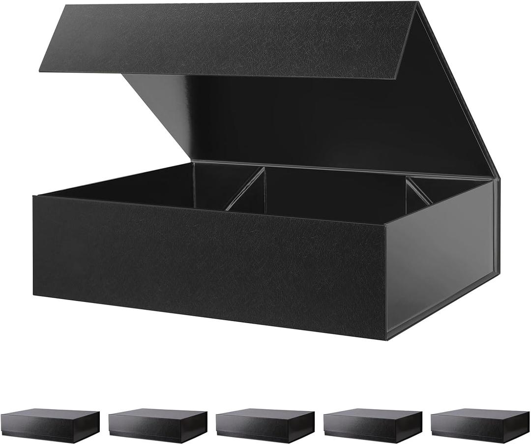 BLK&WH 6 Large Gift Boxes 13.5x10x3.5 Inches, Black Gift Boxes with Magnetic Closure Lids, Sturdy Shirt Boxes, Rectangle Collapsible Boxes for Gift Packaging (Glossy Black)