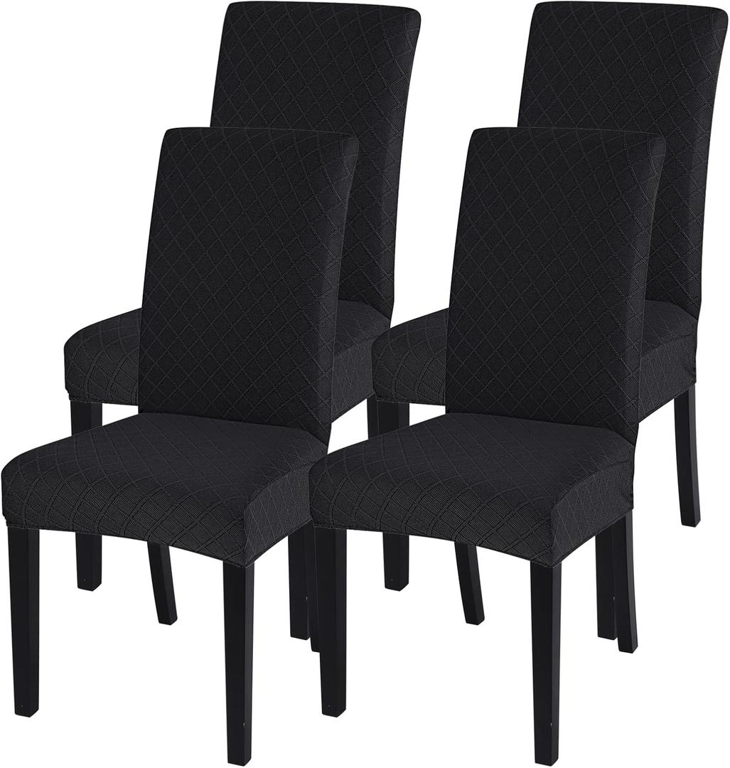 SearchI Dining Room Chair Covers Set of 4, Stretch Jacquard Parsons Chair Slipcovers Removable Washable Kitchen Chair Protector Cover for Dining Room, Hotel, Ceremony (Black Rhombus)