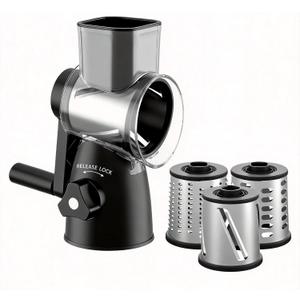 JIUMEXES Rotary Cheese Grater Hand Crank with 3-in-1 Blades - Fast, Safe & Effortless Grating, Perfect for Cheese, Vegetables & Chocolate, BPA-Free with Steel Drums,Black