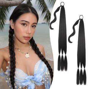 2PCS Braided Ponytail Extension with Hair Tie Fluffy Wrap Around DIY Hairpiece Heat Resistant Synthetic Natural Soft Lightweight Ponytail Extension for Women Weddings Parties and Festivals