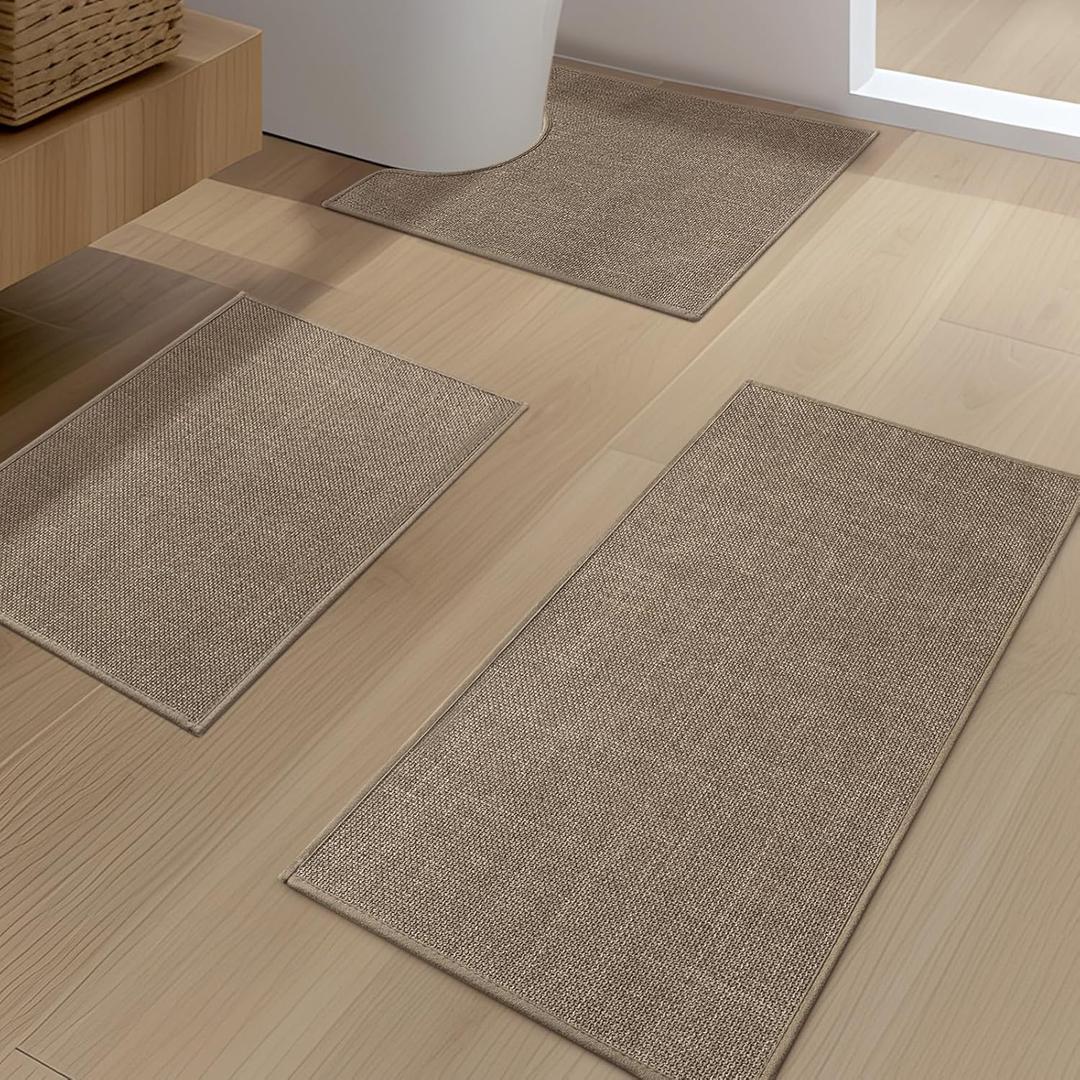 YIHOUSE Brown Bathroom Rug Sets 3 Piece, Dark Beige Absorbent Bath Mat for Bathroom Non Slip Washable,Bathroom Mat Quick Dry, Thin Bath Rug Set for Toilet and Floor