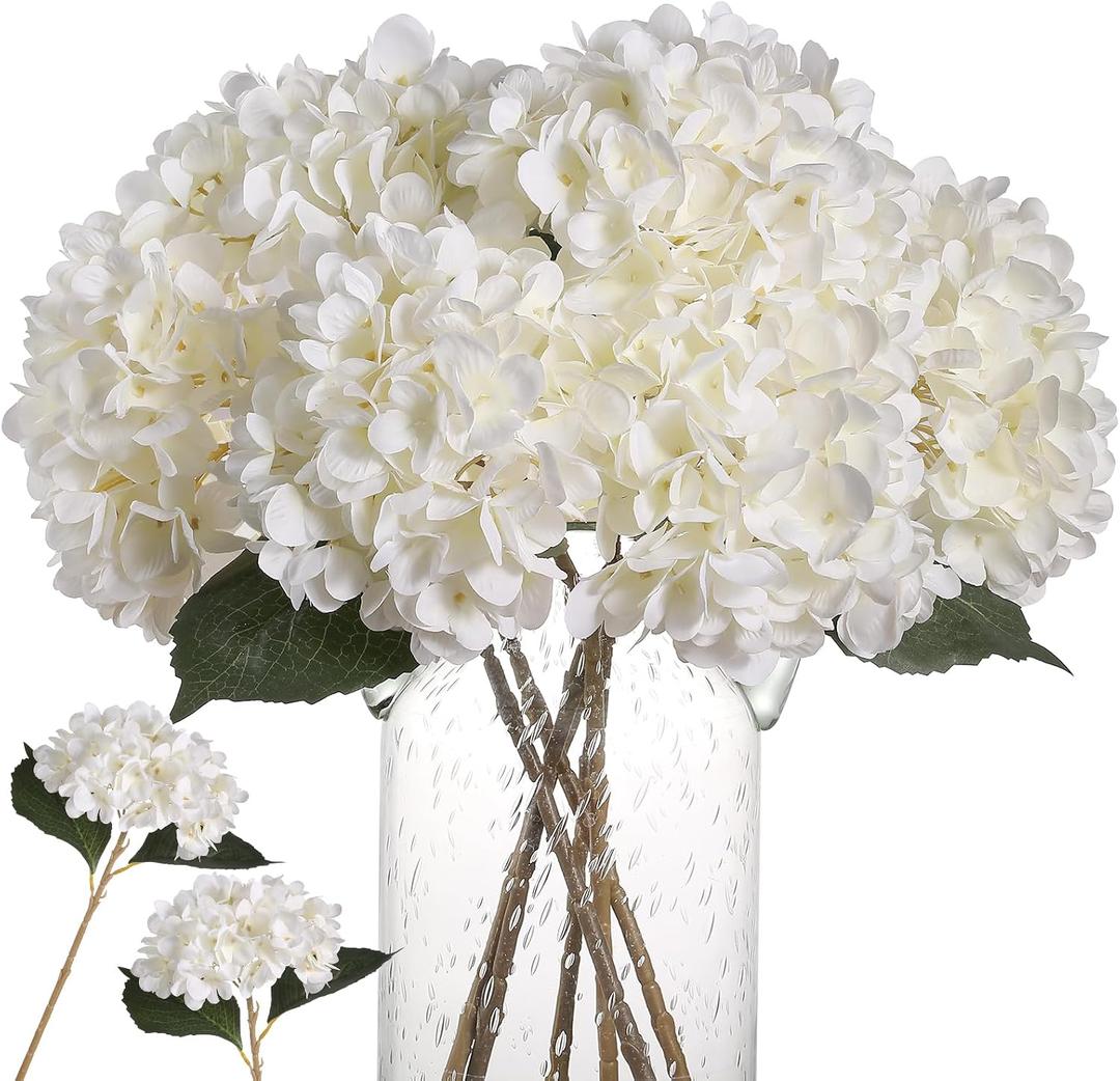 Kisflower 6pcs White Hydrangea Artificial Flowers - Faux Hydrangea Flowers, Fake Silk Flowers for Table Centerpiece, Silk Hydrangea Flowers with Stems for Home Wedding Party Decor