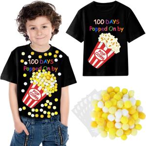 100th Day of School DIY Shirt Kit DIY T-Shirt with Pom Poms Googly Eyes for Kid Art Creative School 100 Days Party (Black-Popcorn)
