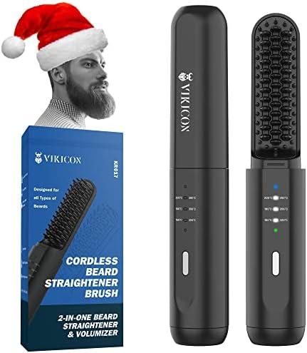 VIKICON Beard Straightener for Men: Cordless Heated Beard Brush for Men, Electric Hot Comb, Anti-Scald Mini Straightening Brush for Beard Grooming, Portable for Travel and Home Use, Gifts for Him Dad