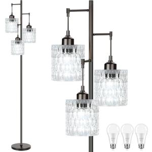 Black Floor Lamp for Living Room Bedroom,Mid Century Modern Floor Lamps with Transparent Glass Shades,3 Lights Vintage Tree Floor Lamps for Corner Office,68IN Tall Standing Lamp Bulbs Included