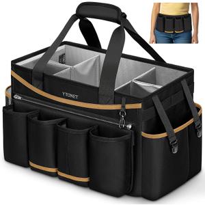 Ytonet Extra Large Cleaning Caddy Bag with Detachable Apron, Cleaning Supplies Organizer with Foldable Dividers, Portable Cleaner Tote with Handle, Cleaner Caddy for Housekeeper, Black