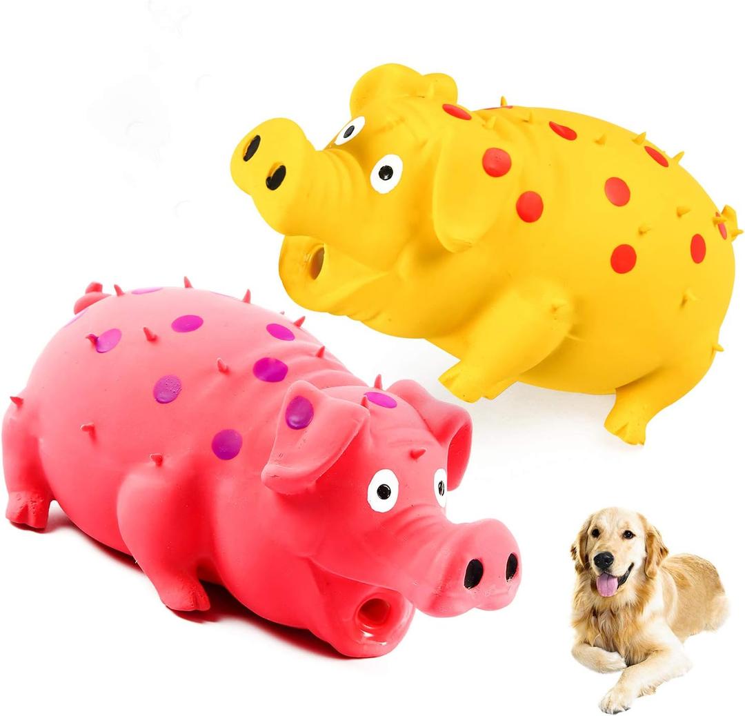 2-Pack Squeaky Pig Dog Toys - Durable Rubber Chew Toys with Oinking & Grunting Sounds for Small, Medium & Large Dogs - Interactive Latex Puppy Toy Set (Pink, Yellow)