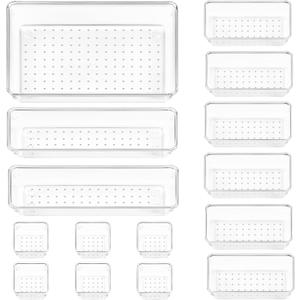 Vtopmart 15 PCS Clear Plastic Drawer Organizers Set, 4-Size Versatile Bathroom and Vanity Organizer Trays, Non-Slip Storage Containers for Makeup, Jewelries, BedroomKitchen Utensils and Office
