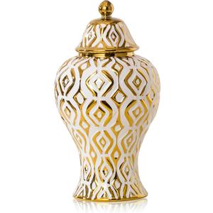 White and Gold Vase with Lid, Ginger Jars for Home Decor, Ceramic Flower Vase for Home, Kitchen, Bookshelf Decor, Storage jar, Table Center Vase, Centerpieces Jarrones(12.59in)