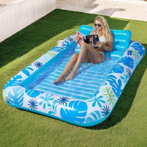 Inflatable Backyard Tanning Pool Lounger Float with Built-in Drainage, 85"57.5" 6-in-1 Pool Floats Adult Inflatable Tanning Bed/Sun tan Tub/Outside Blow Up Chair Sofa Cloud Pools (X-Large, Blue)