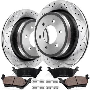 Rear Drilled and Slotted Brake Pads and Rotors Kit Ceramic Automotive Replacement Brake Kits Vented 13.70 Inch Compatible for Ford F150 Lobo 2012-2020 w/Manual Parking Brake (10 Pcs)