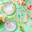 SiliFine 96 Pcs Easter Plates and Napkins Disposable Dinnerware Supplies for 24 Guests, Paper Tableware Include 9" Dinner Plates, 7" Dessert Plates, Napkins, Forks for Easter Spring Party (Egg)