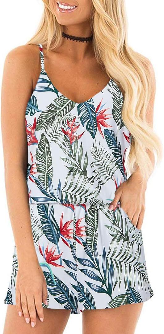 RAISEVERN Womens Rompers for Summer Casual Short Jumpsuits with Pockets 2026 Spaghetti Straps Cami Beach Vacation Clothes (XX-Large, Style 11 Leaves)