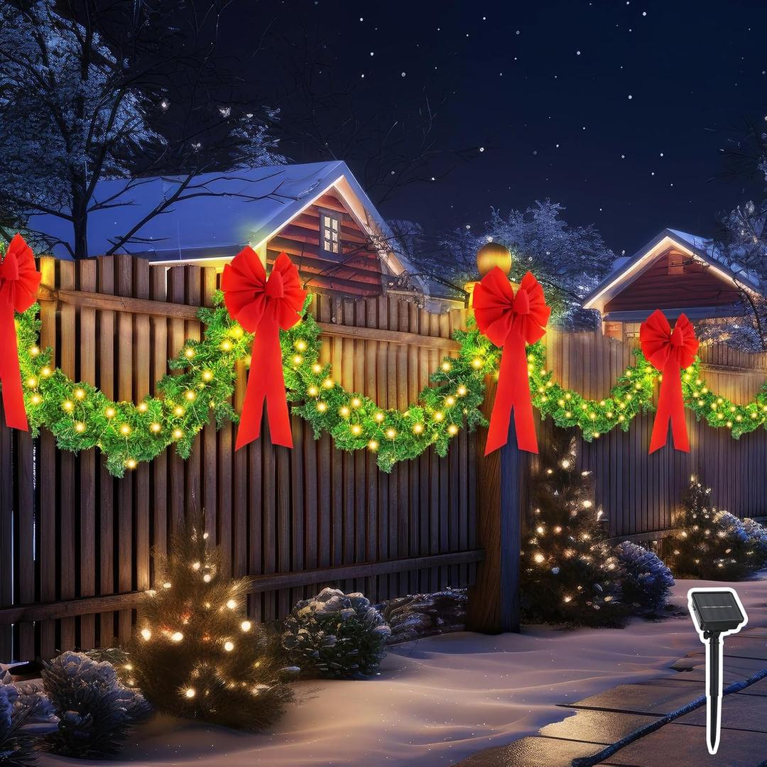 2 Pcs 9ft Total 18ft Christmas Fence Decorations with Solar Light Christmas Outdoor Garland with 4 Pcs Large Red Bows Cable Ties for Holiday Patio Outdoor Fence Eaves