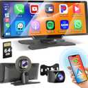 Hikity Wireless Carplay Touchscreen with 2.5K Dash Cam, 9.3 Inch Portable Android Auto CarPlay Unit Car Radio with 1080P Backup Camera 64G TF WiFi Video Airplay Voice Control