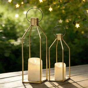 2 Pcs Lanterns Decorative Indoor, Set of 2 Gold Metal Candle Lantern Modern Farmhouse Lanterns Decorative for Home Decor, Mantle, Patio, Porch, Garden