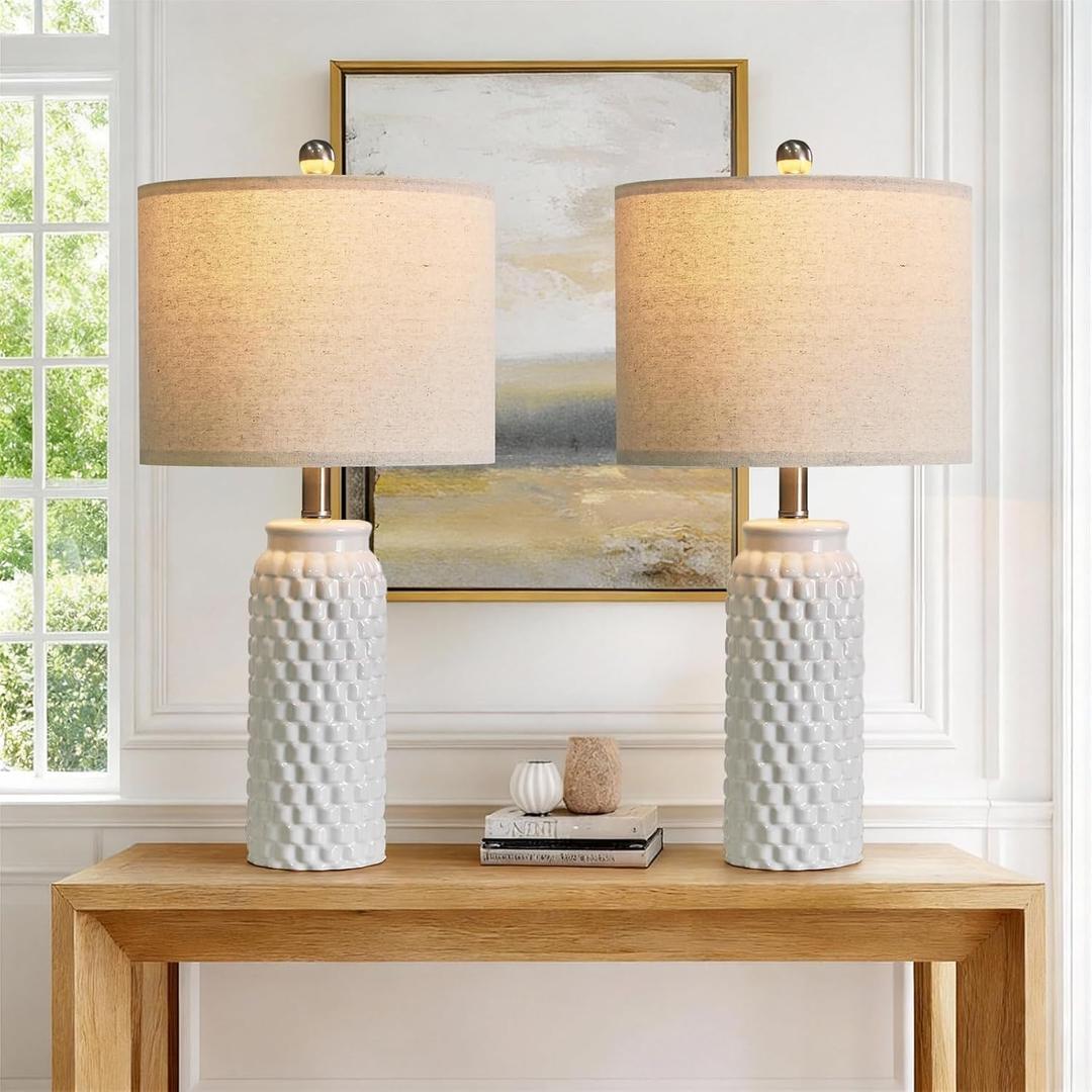 24" Modern Ceramic White Bedside Lamp Set of 2 Table Lamp for Bedroom Decor Farmhouse Table Lamp for Living Room Office Dorm