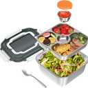 Salad Container for Lunch: 64oz Salad Bowl with Included Spork, 4-Section Bento Tray & Sauce Pot, White 