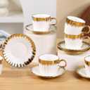 Coffee Cup Set of 6 with Saucers, 3.5 OZ Ceramic Espresso Cups, Deco Golden Turkish Coffee Cup Gift for Cappuccino, Latte, Cafe Mocha and Tea, Dishwasher & Microwave Safe (Gold Trim)