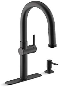 Kohler R22153-SD-BL Rune Single Handle Kitchen Faucet with Pull Down Sprayer and Soap Dispenser, Matte Black