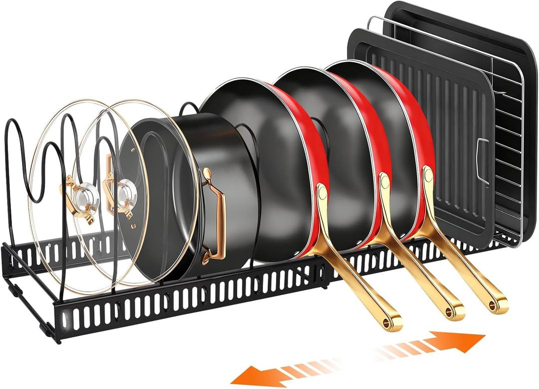 Under Cabinet Pot and Pan Organizer - Expandable (11.8"-22.8") Kitchen Cabinet Storage Rack with 13 Adjustable Dividers for Lids, Cutting Boards & Baking Sheets - Tool-Free Assembly, Black